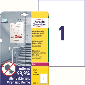 Avery antimikrobiset etiketit 210 x 297 valkoista mm, 10 kpl.